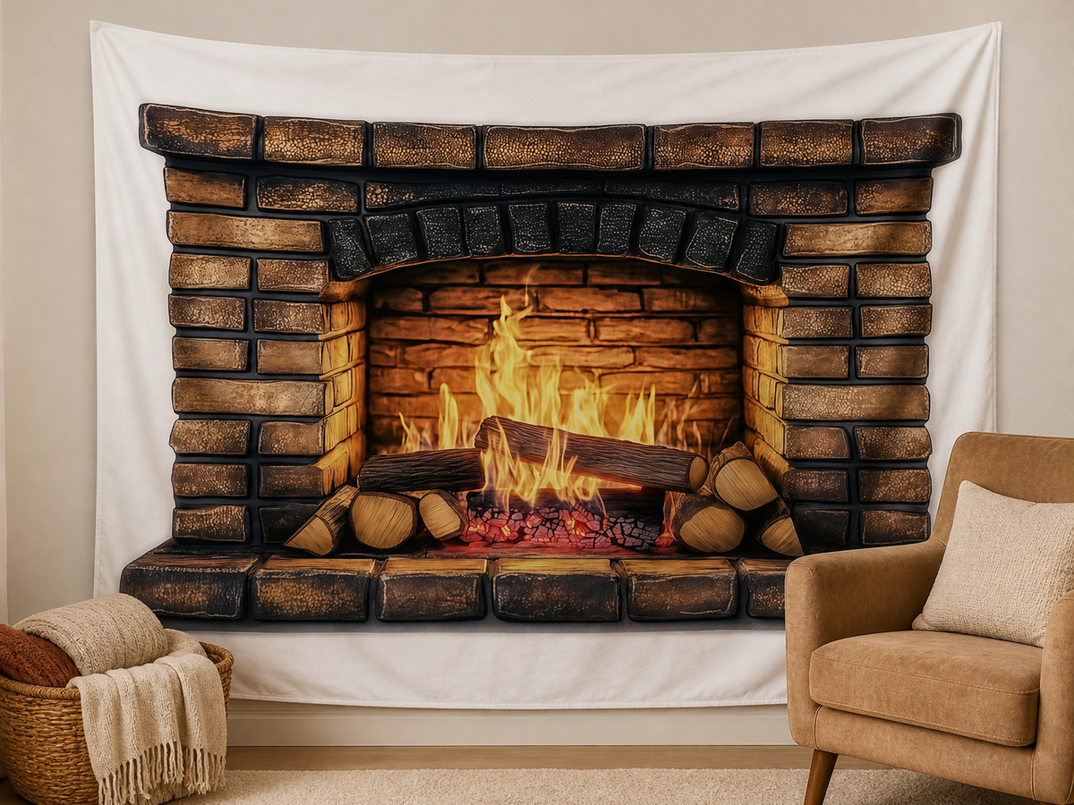 Rustic brick fireplace printed backdrop cozy living room scene