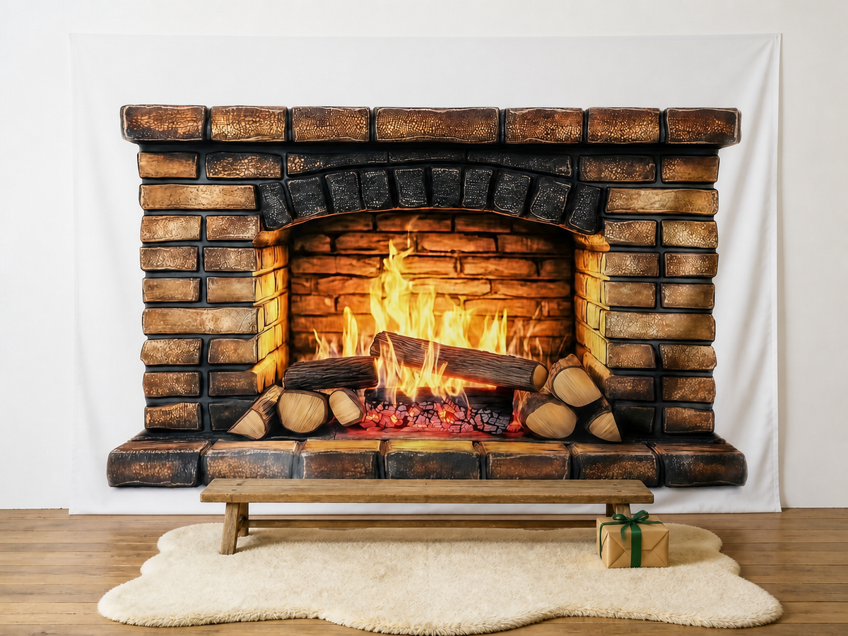 Rustic brick fireplace printed backdrop holiday portrait scene