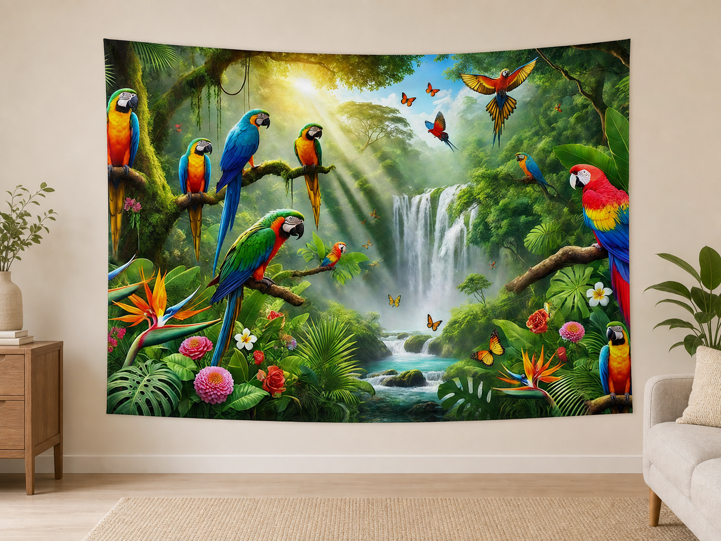 Tropical Rainforest Birds and Waterfall backdrop realistic scene