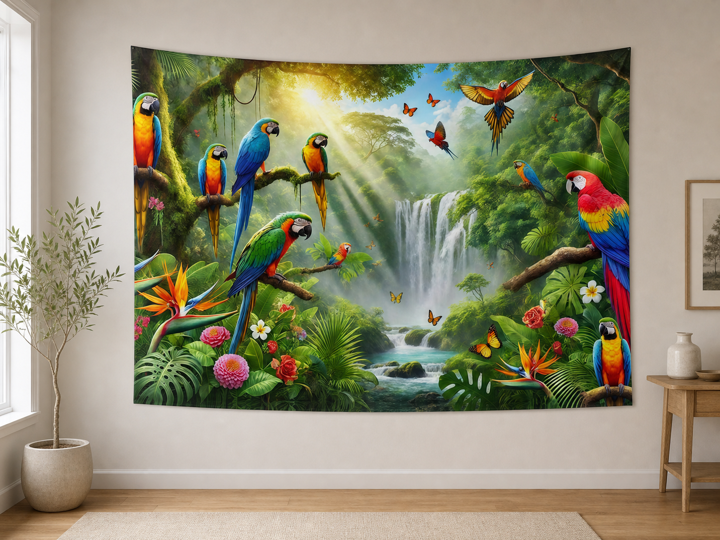 Tropical Rainforest Birds and Waterfall backdrop alternate realistic scene