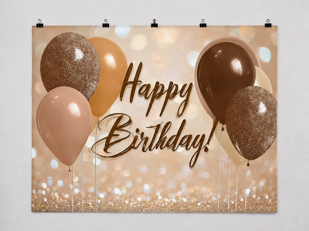 Gold and Brown Birthday Balloons printed polyester backdrop, shown at244 x183cm with straight-cut unhemmed edges and wall clips. Flat printed scenery; accessories not included.