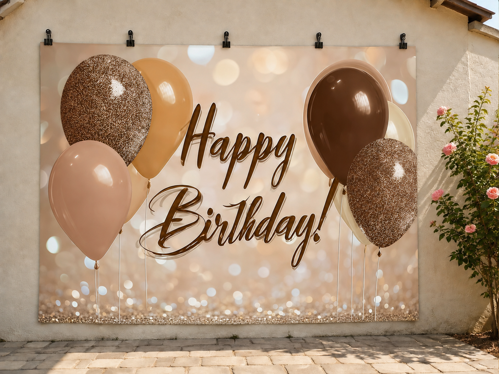 Gold and Brown Birthday Balloons printed polyester backdrop, shown at244 x183cm with straight-cut unhemmed edges and wall clips. Flat printed scenery; accessories not included.
