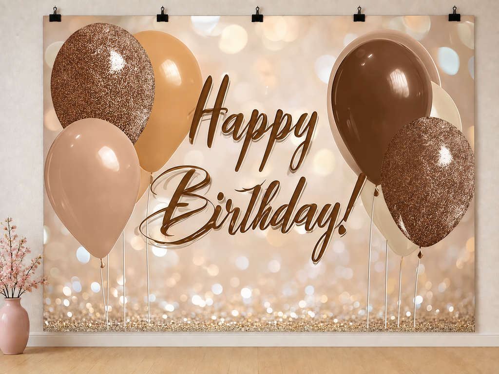 Gold and Brown Birthday Balloons printed polyester backdrop, shown at244 x183cm with straight-cut unhemmed edges and wall clips. Flat printed scenery; accessories not included.