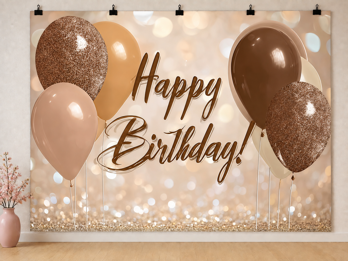 Gold and Brown Birthday Balloons printed polyester backdrop, shown at244 x183cm with straight-cut unhemmed edges and wall clips. Flat printed scenery; accessories not included.