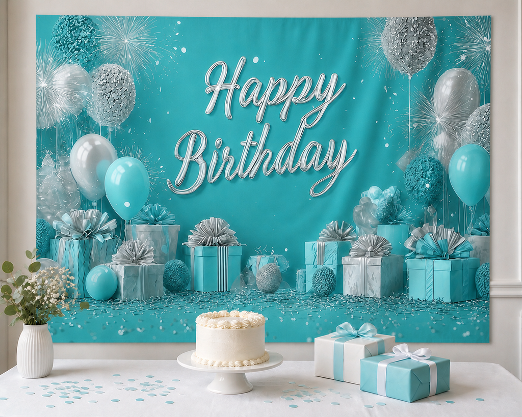 Turquoise White Balloon Birthday Backdrop cake table