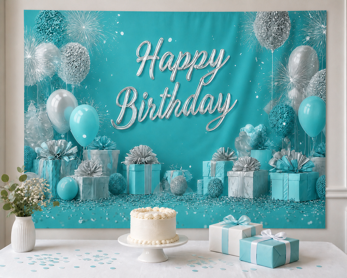 Turquoise White Balloon Birthday Backdrop cake table