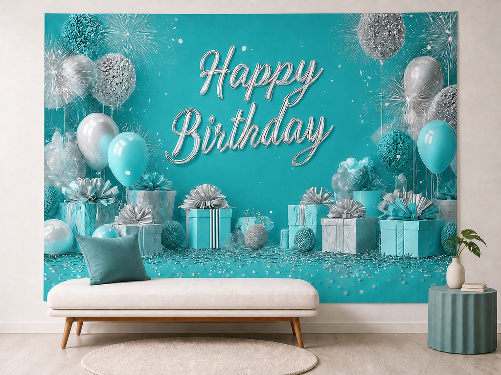 Turquoise White Balloon Birthday Backdrop portrait lounge