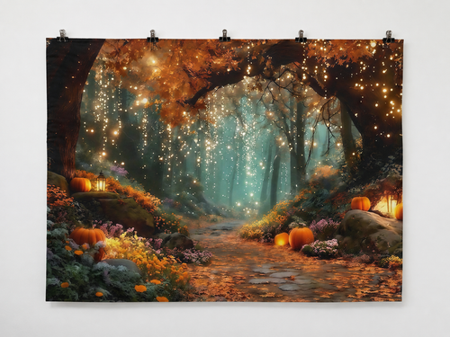 Autumn Forest Fairy Lights and Pumpkins Backdrop — complete flat printed design; accessories not included
