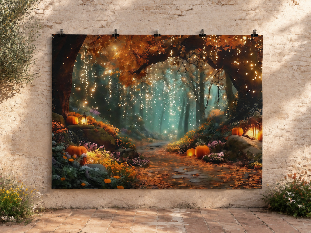 Autumn Forest Fairy Lights and Pumpkins Backdrop — temporary dry outdoor wall-clip display; accessories not included