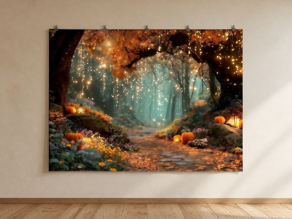 Autumn Forest Fairy Lights and Pumpkins Backdrop — indoor wall-clip display; accessories not included