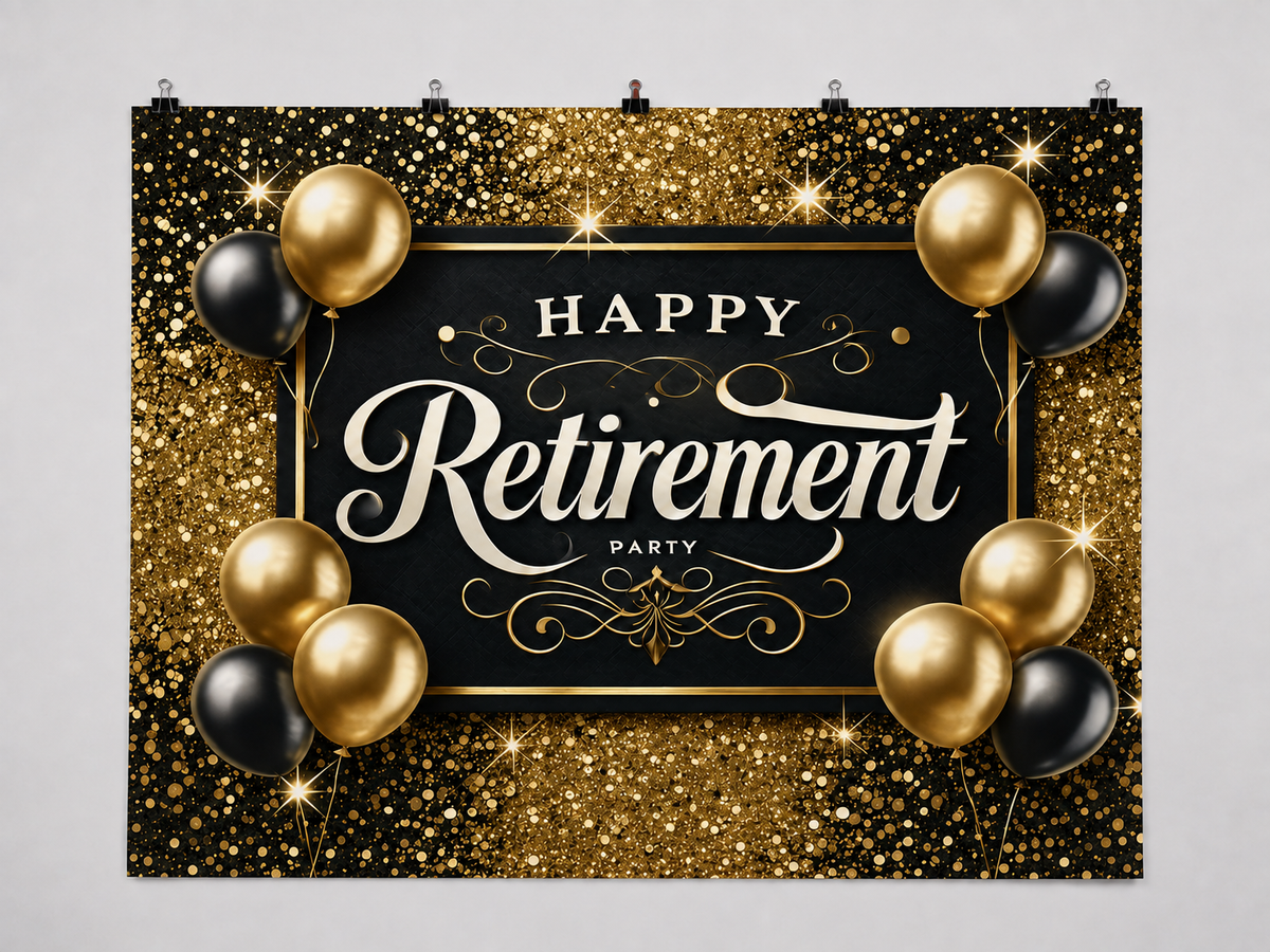 Black and Gold Retirement Party printed polyester backdrop, shown at244 x183cm with straight-cut unhemmed edges and wall clips. Flat printed scenery; accessories not included.