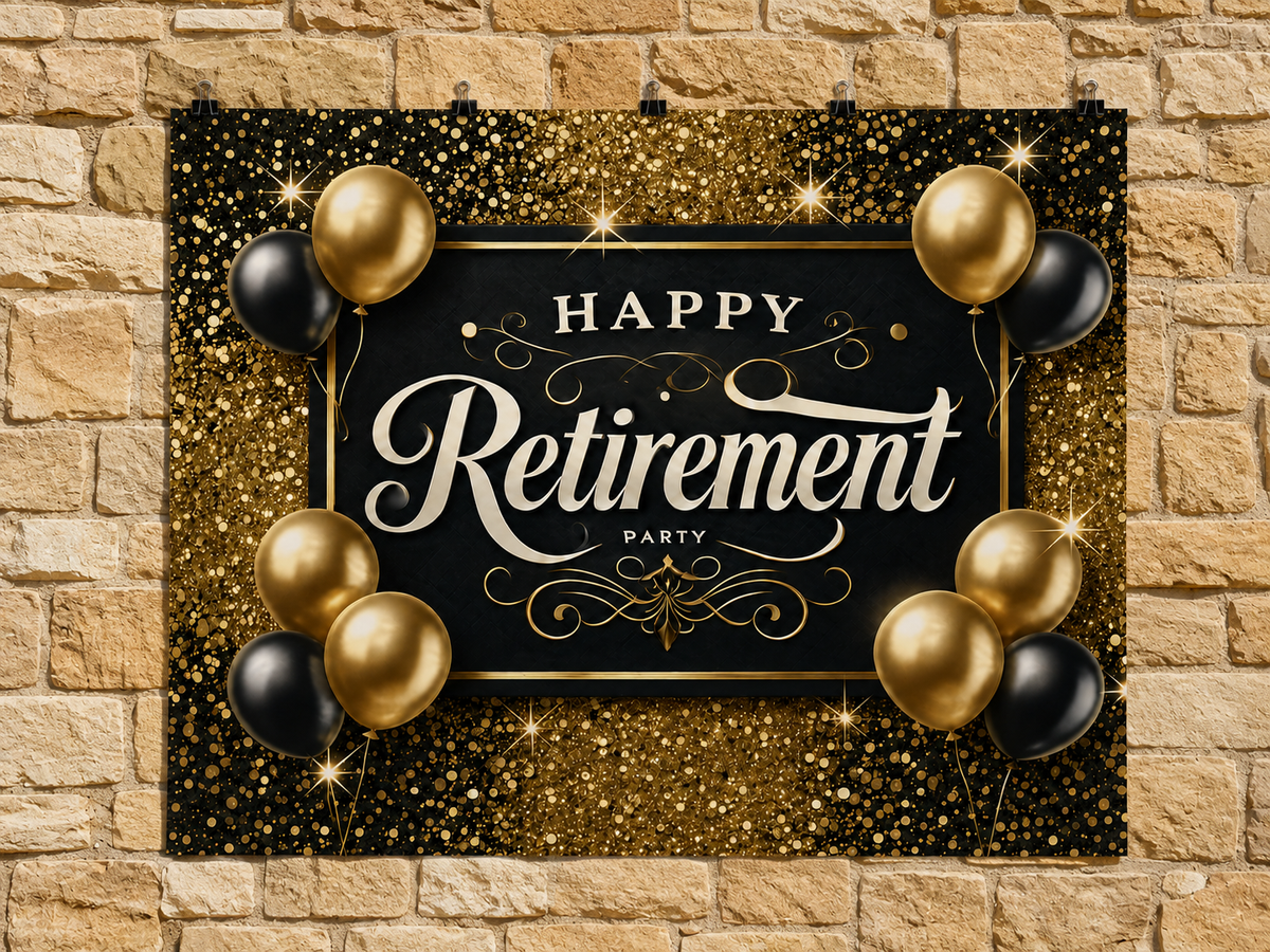 Black and Gold Retirement Party printed polyester backdrop, shown at244 x183cm with straight-cut unhemmed edges and wall clips. Flat printed scenery; accessories not included.