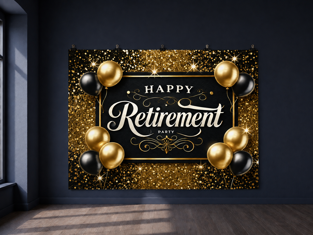 Black and Gold Retirement Party printed polyester backdrop, shown at244 x183cm with straight-cut unhemmed edges and wall clips. Flat printed scenery; accessories not included.