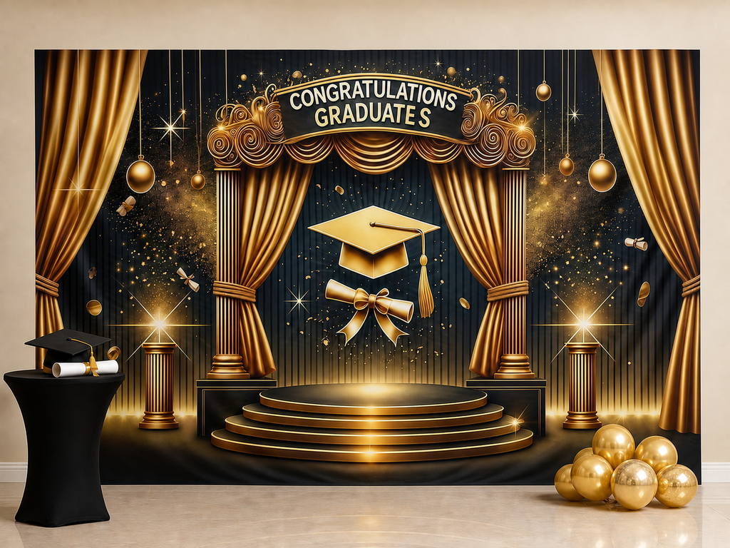 Black and gold graduation backdrop ceremony portrait scene