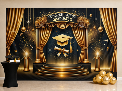 Black and gold graduation backdrop ceremony portrait scene