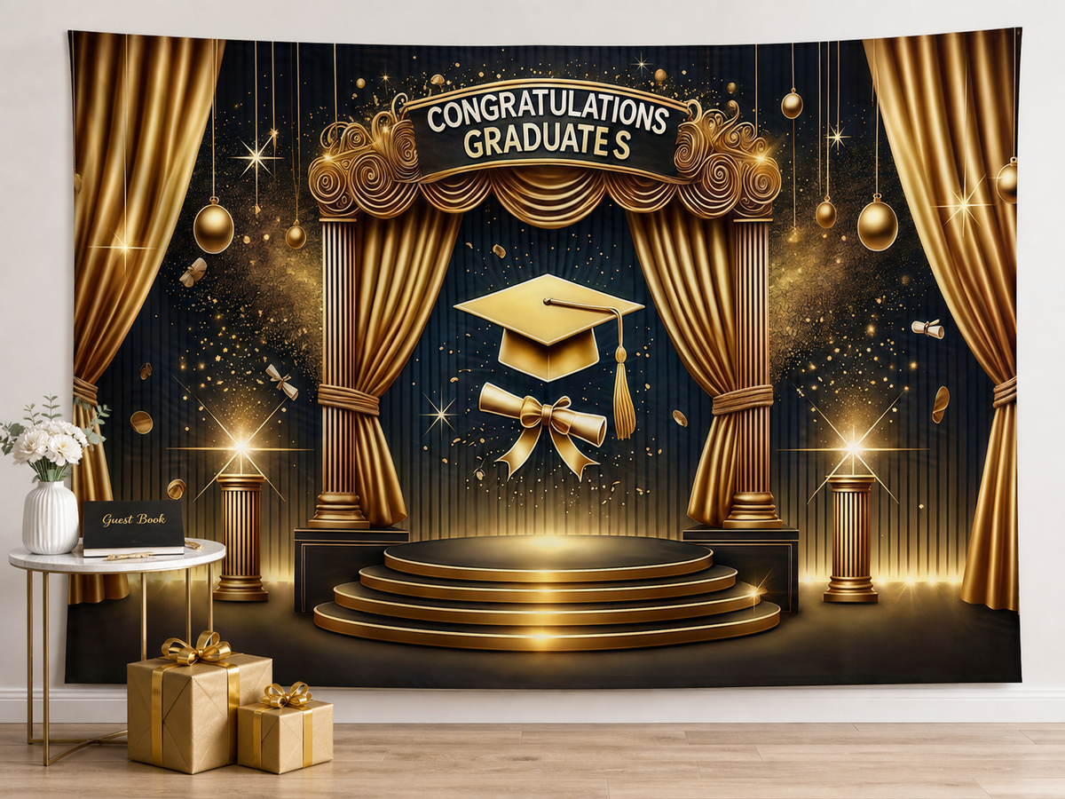 Black and gold graduation backdrop guest book party scene