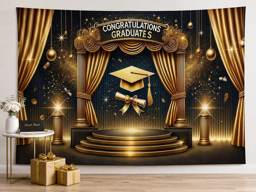 Black and gold graduation backdrop guest book party scene