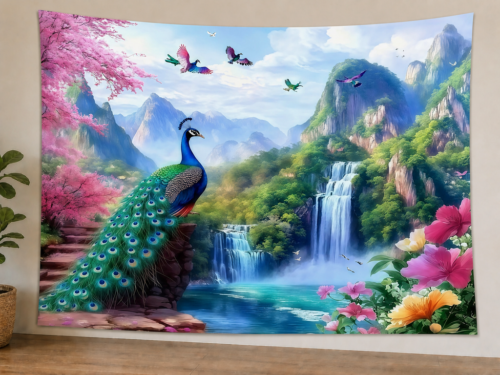 Peacock Waterfall Nature Backdrop styled scene 1