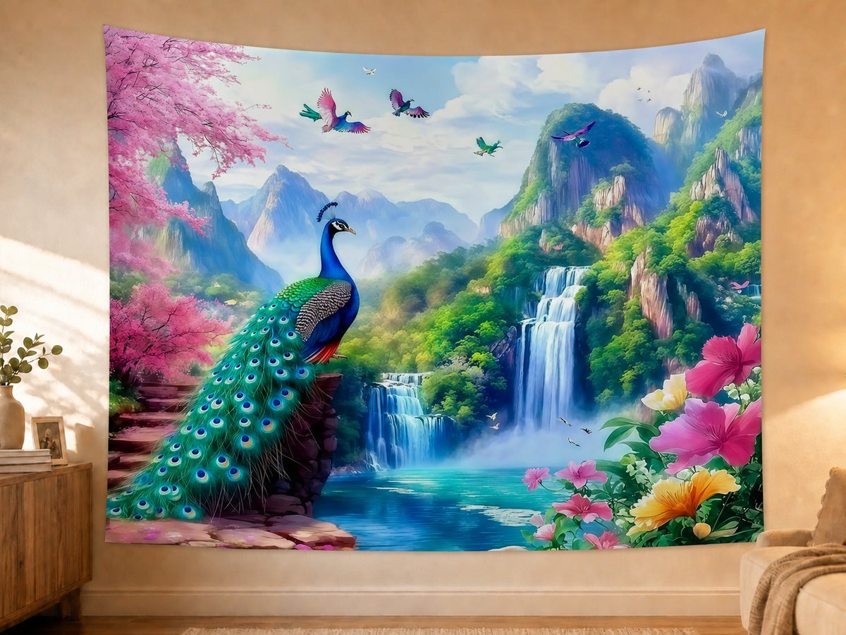 Peacock Waterfall Nature Backdrop styled scene 2