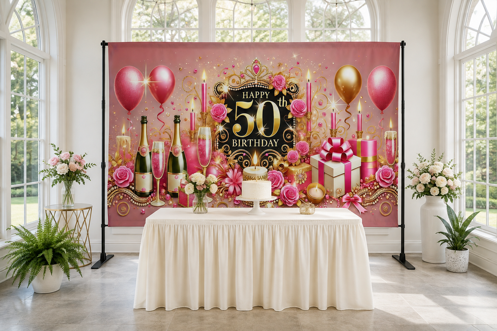 Pink Gold 50th Birthday Backdrop in event studio