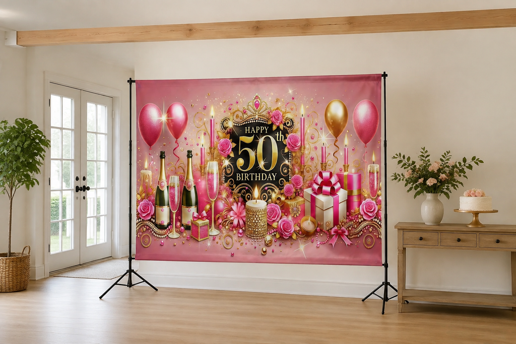Pink Gold 50th Birthday Backdrop in alternate room setting