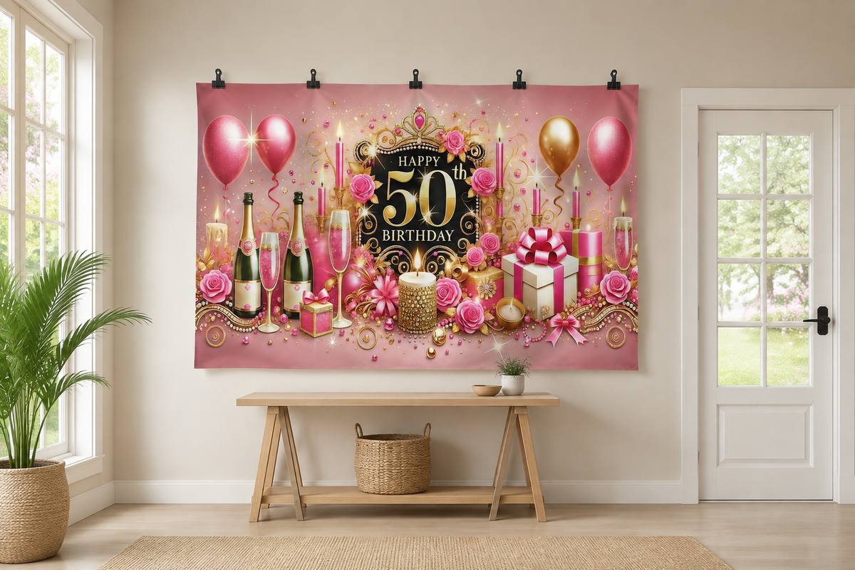 Pink Gold 50th Birthday Backdrop clipped directly to wall