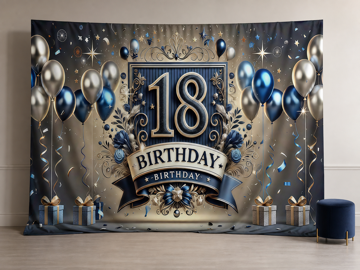 Navy gold 18th birthday photography backdrop in teen portrait room