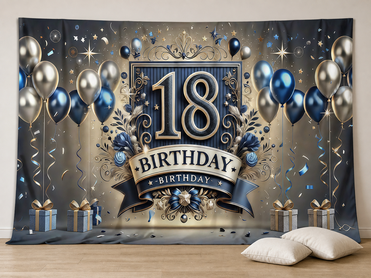 Blue silver gold 18 birthday fabric backdrop in photo booth room