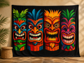 Colorful four tiki masks tropical photography backdrop in a luau patio scene