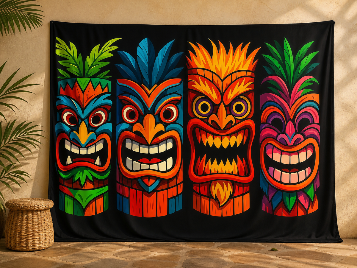 Colorful four tiki masks tropical photography backdrop in a luau patio scene