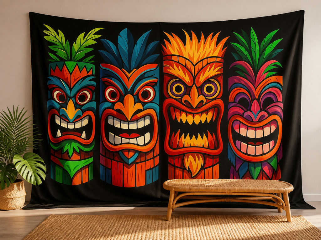 Colorful four tiki masks tropical photography backdrop in an indoor party scene