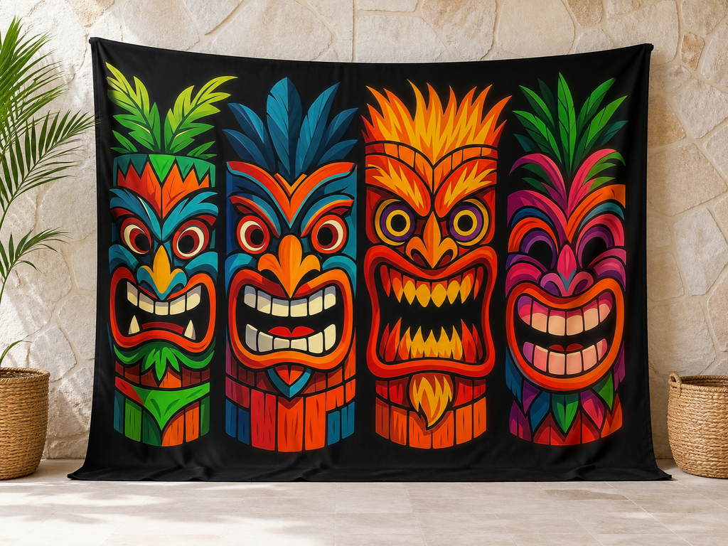 Colorful four tiki masks tropical photography backdrop in a resort event scene