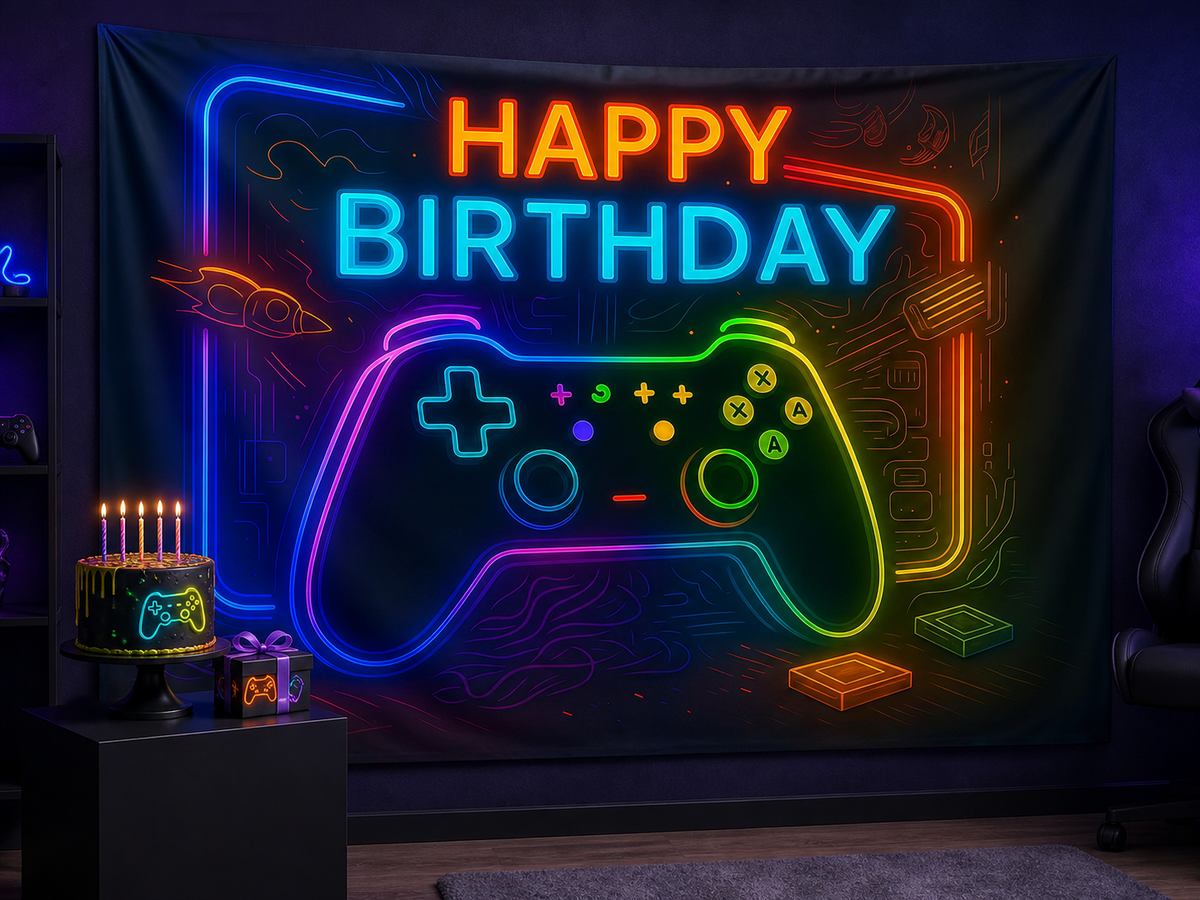 Neon gaming Happy Birthday backdrop party scene