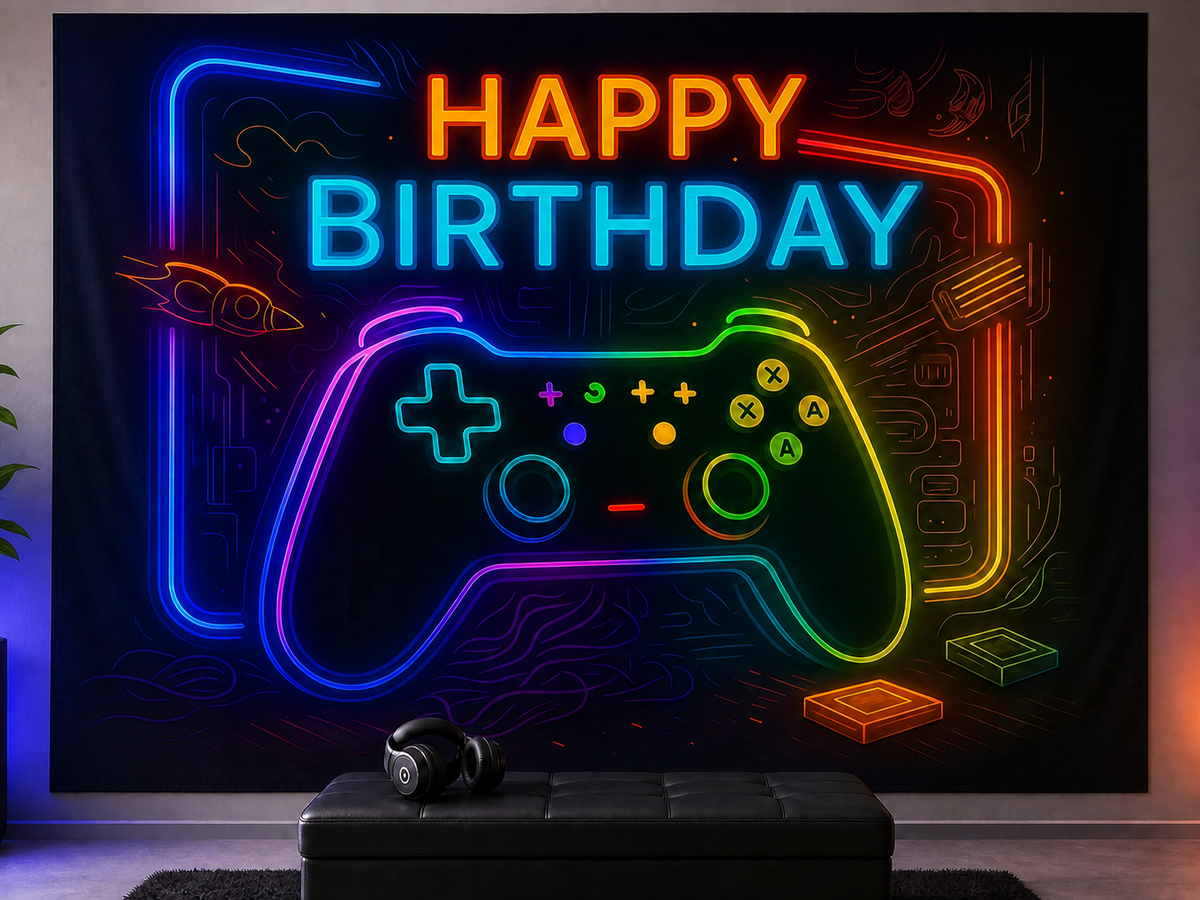 Neon gaming Happy Birthday backdrop lounge scene
