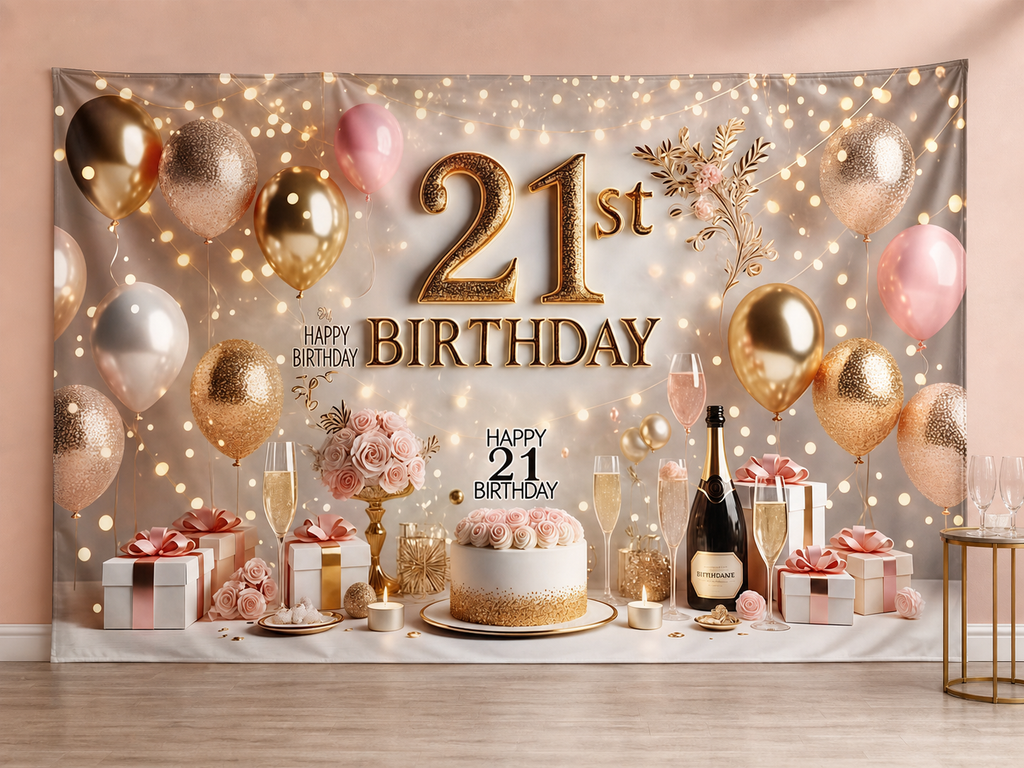 Pink gold 21st birthday backdrop cocktail party scene