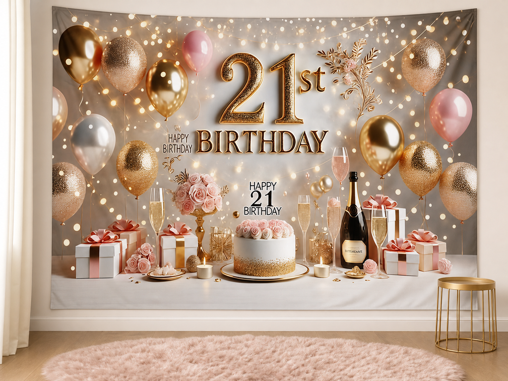 Pink gold 21st birthday backdrop photo booth scene