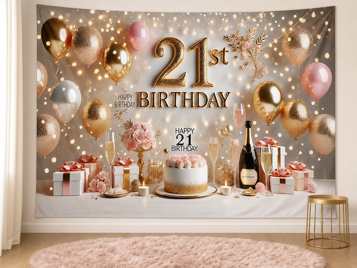Pink gold 21st birthday backdrop photo booth scene