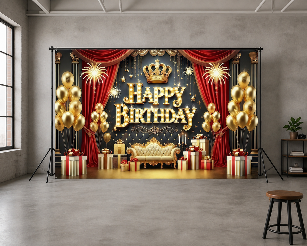 Red Gold Birthday Crown Backdrop scene 2