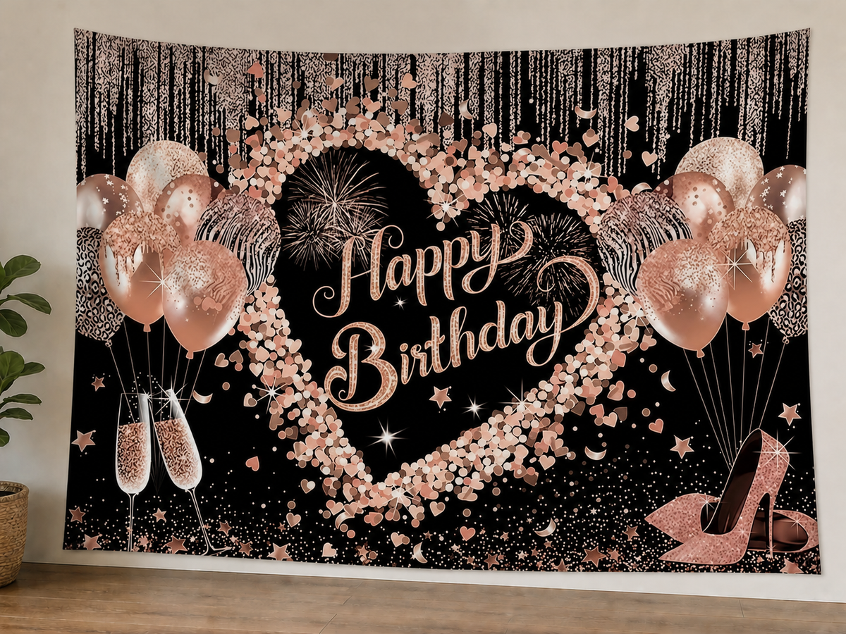 Rose Gold Heart Happy Birthday Backdrop styled scene 1