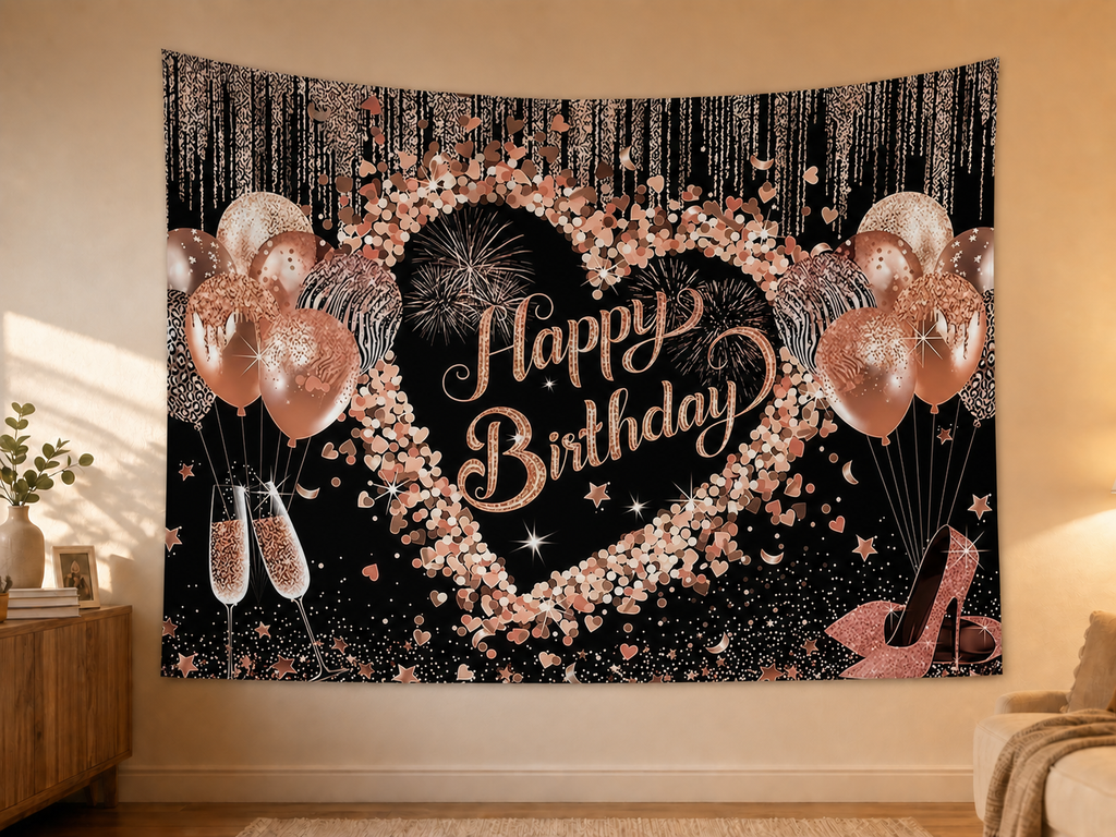 Rose Gold Heart Happy Birthday Backdrop styled scene 2