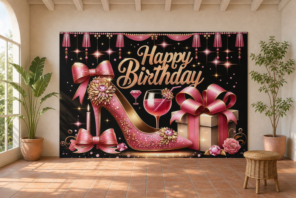 Pink High Heel Birthday Backdrop scene 1