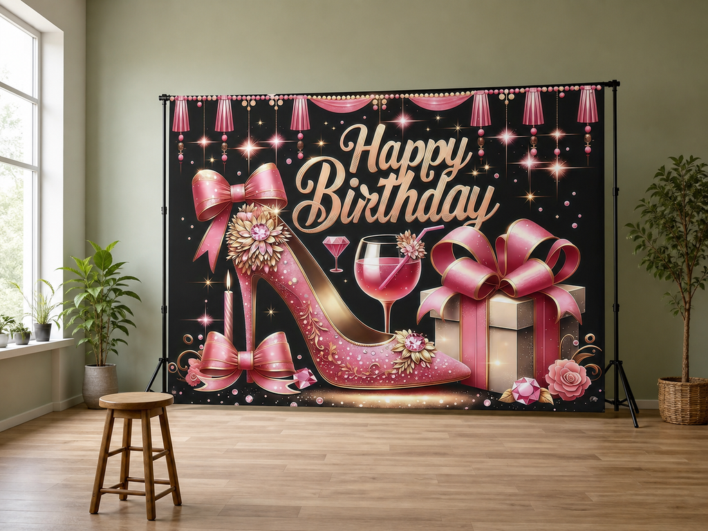 Pink High Heel Birthday Backdrop scene 2