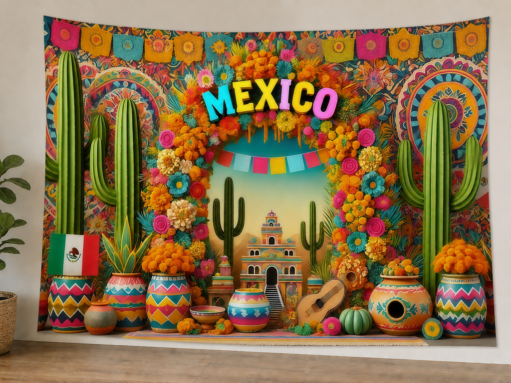 Colorful Mexico Fiesta Tapestry Backdrop styled scene 1