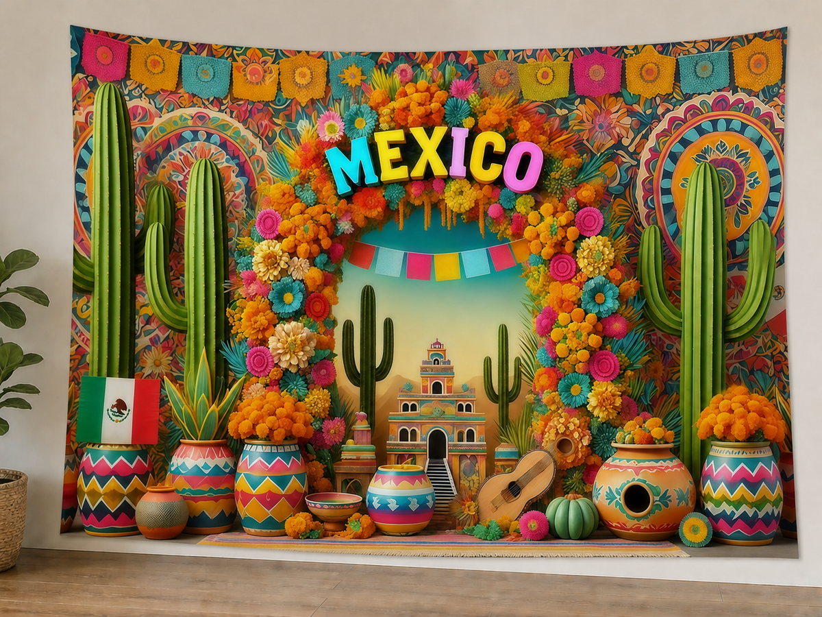 Colorful Mexico Fiesta Tapestry Backdrop styled scene 1