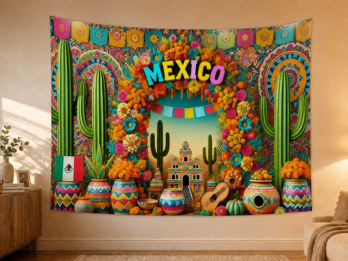 Colorful Mexico Fiesta Tapestry Backdrop styled scene 2