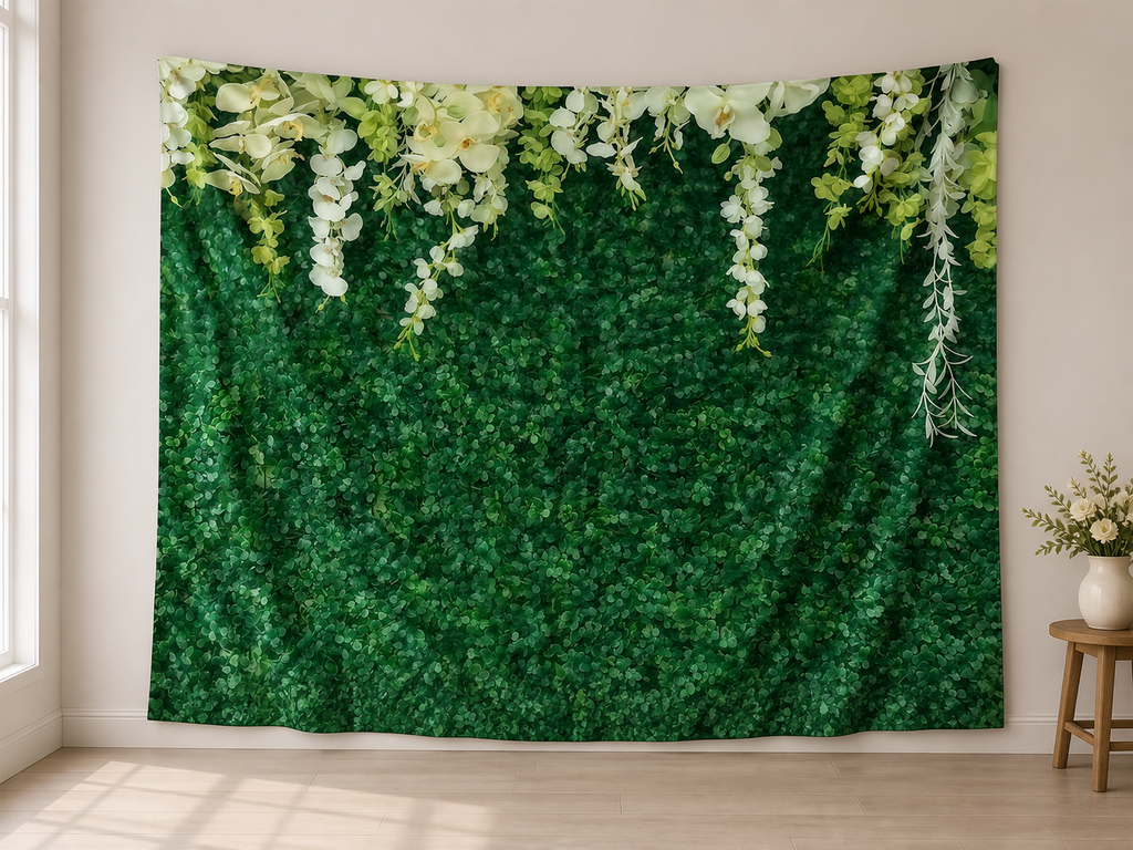 Green white floral wall print polyester backdrop in wedding setting