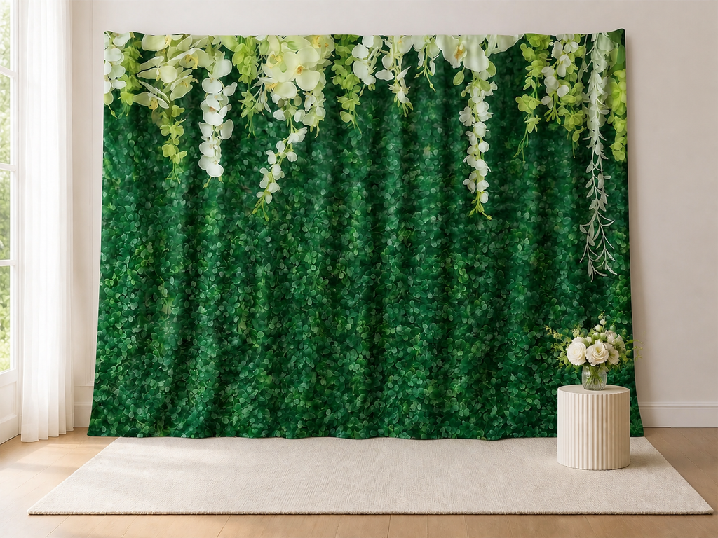Green white floral wall print polyester backdrop in portrait setting