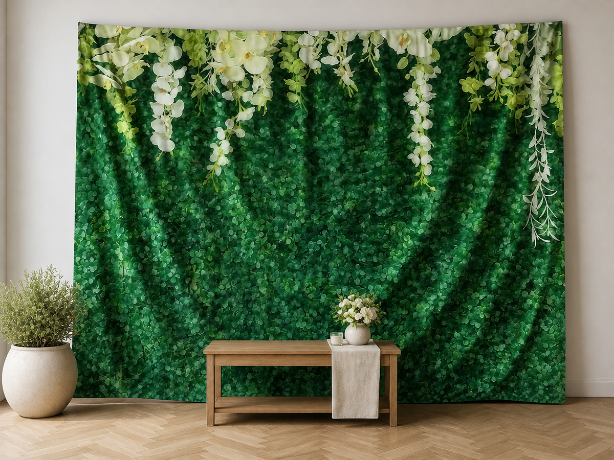 Green white floral wall print polyester backdrop in event setting