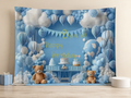 8 years old blue teddy bear birthday fabric backdrop