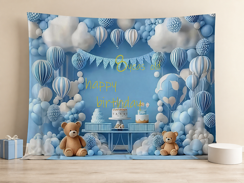 8 years old blue teddy bear birthday fabric backdrop